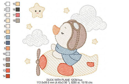 Pilot Duck with plane embroidery design - Aviator animal with airplane machine embroidery pattern - Baby boy file - Instant download pes jef
