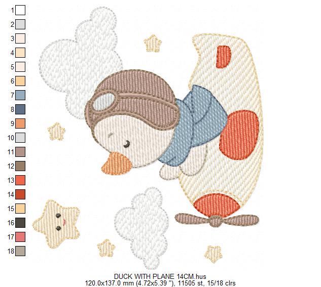 Pilot Duck with plane embroidery design - Aviator animal with airplane machine embroidery pattern - Baby boy file - Instant download pes jef