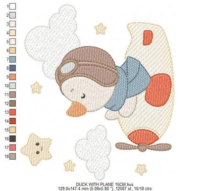 Pilot Duck with plane embroidery design - Aviator animal with airplane machine embroidery pattern - Baby boy file - Instant download pes jef