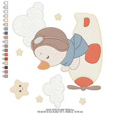 Pilot Duck with plane embroidery design - Aviator animal with airplane machine embroidery pattern - Baby boy file - Instant download pes jef