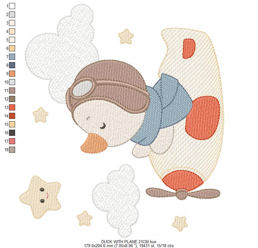 Pilot Duck with plane embroidery design - Aviator animal with airplane machine embroidery pattern - Baby boy file - Instant download pes jef