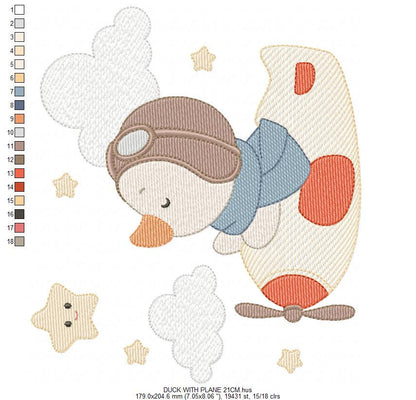 Pilot Duck with plane embroidery design - Aviator animal with airplane machine embroidery pattern - Baby boy file - Instant download pes jef