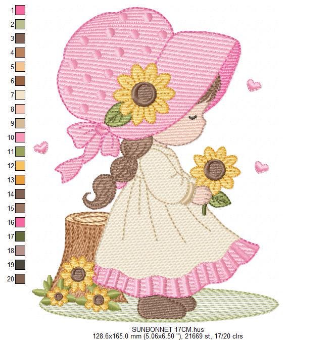 Baby girl with sunflowers embroidery designs - Princess with flowers and braids machine embroidery pattern - Instant digital download pes