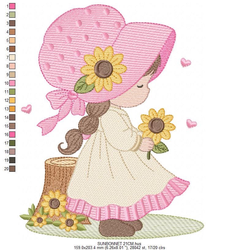 Baby girl with sunflowers embroidery designs - Princess with flowers and braids machine embroidery pattern - Instant digital download pes