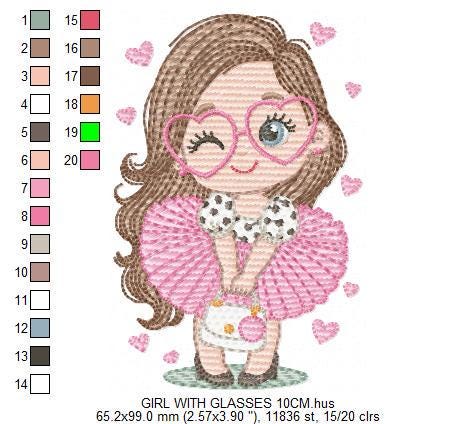 Long hair girl with glasses embroidery designs - Princess machine embroidery pattern - Baby Girl file - Instant digital download pes jef dst