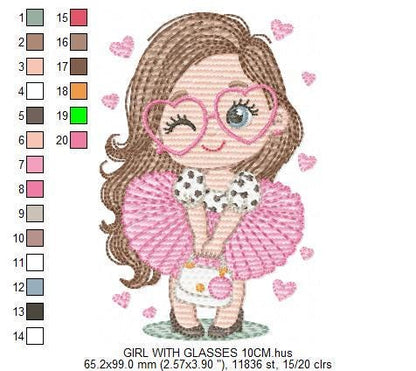 Long hair girl with glasses embroidery designs - Princess machine embroidery pattern - Baby Girl file - Instant digital download pes jef dst