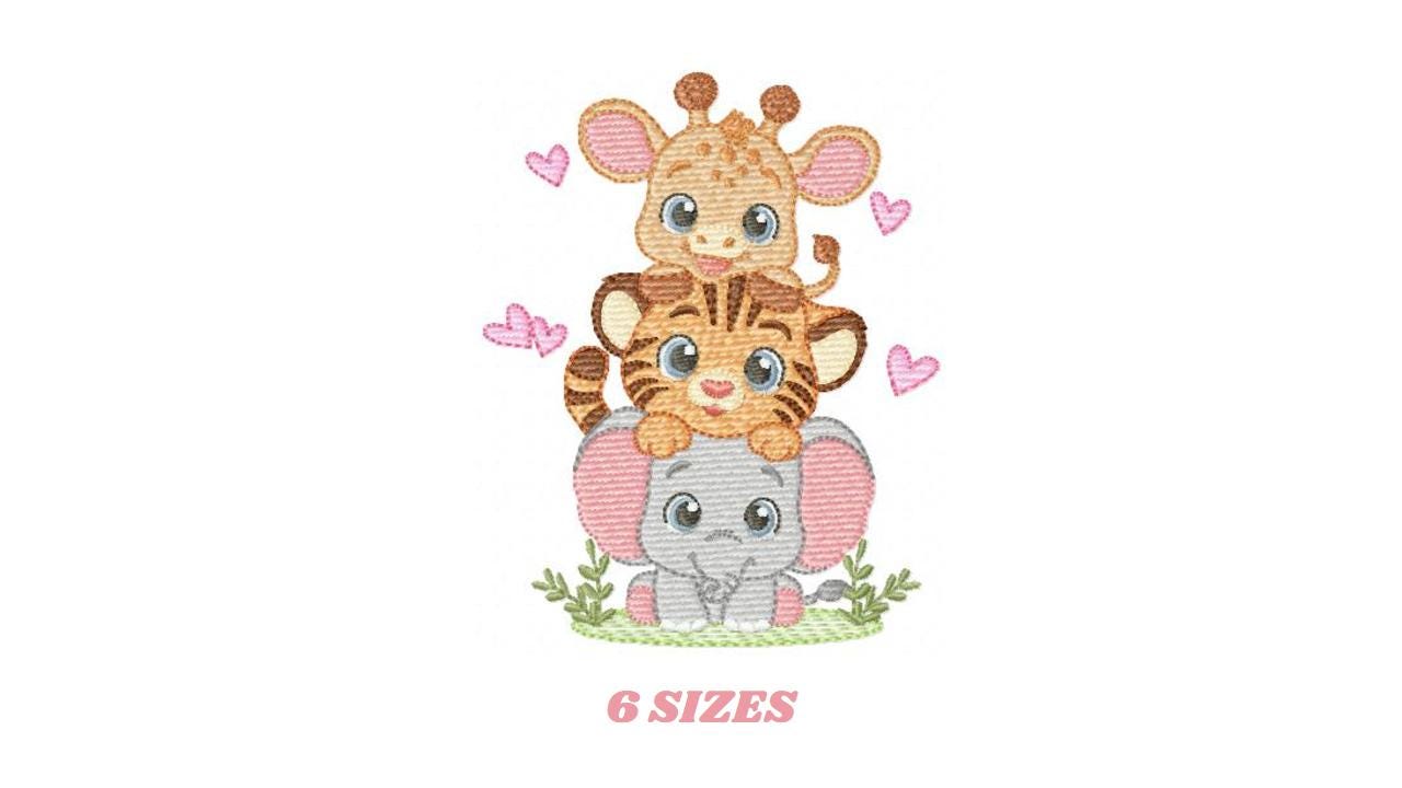 Safari animals embroidery designs - Elephant machine embroidery pattern - Baby girl and boy -Giraffe and Tiger - Instant digital download