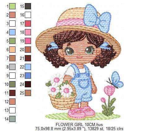 Girl Farmer embroidery designs - Farmer with straw hat daisies machine embroidery pattern - Girl with black curly hair - Instant download