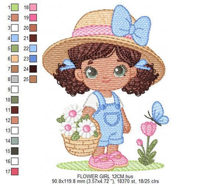 Girl Farmer embroidery designs - Farmer with straw hat daisies machine embroidery pattern - Girl with black curly hair - Instant download