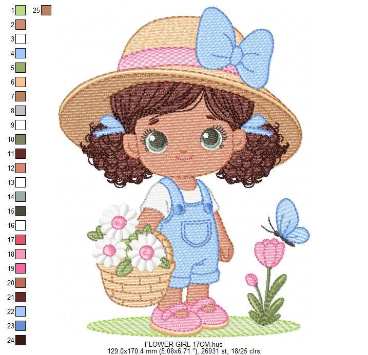 Girl Farmer embroidery designs - Farmer with straw hat daisies machine embroidery pattern - Girl with black curly hair - Instant download