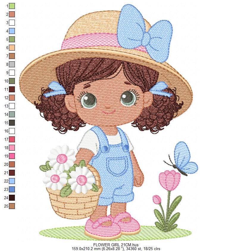Girl Farmer embroidery designs - Farmer with straw hat daisies machine embroidery pattern - Girl with black curly hair - Instant download