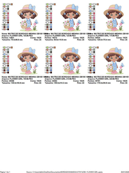 Girl Farmer embroidery designs - Farmer with straw hat daisies machine embroidery pattern - Girl with black curly hair - Instant download
