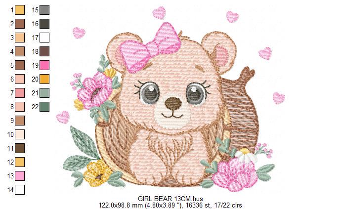 Bear embroidery designs - Baby Girl Bear machine embroidery pattern - Cute Bear with tree trunk file - Instant digital download pes jef dst