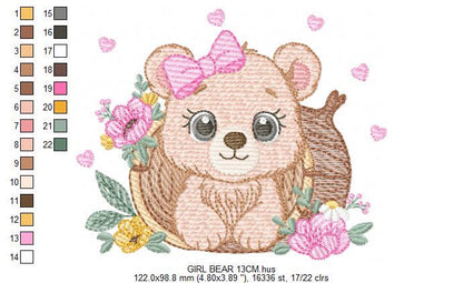 Bear embroidery designs - Baby Girl Bear machine embroidery pattern - Cute Bear with tree trunk file - Instant digital download pes jef dst