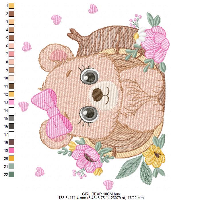 Bear embroidery designs - Baby Girl Bear machine embroidery pattern - Cute Bear with tree trunk file - Instant digital download pes jef dst