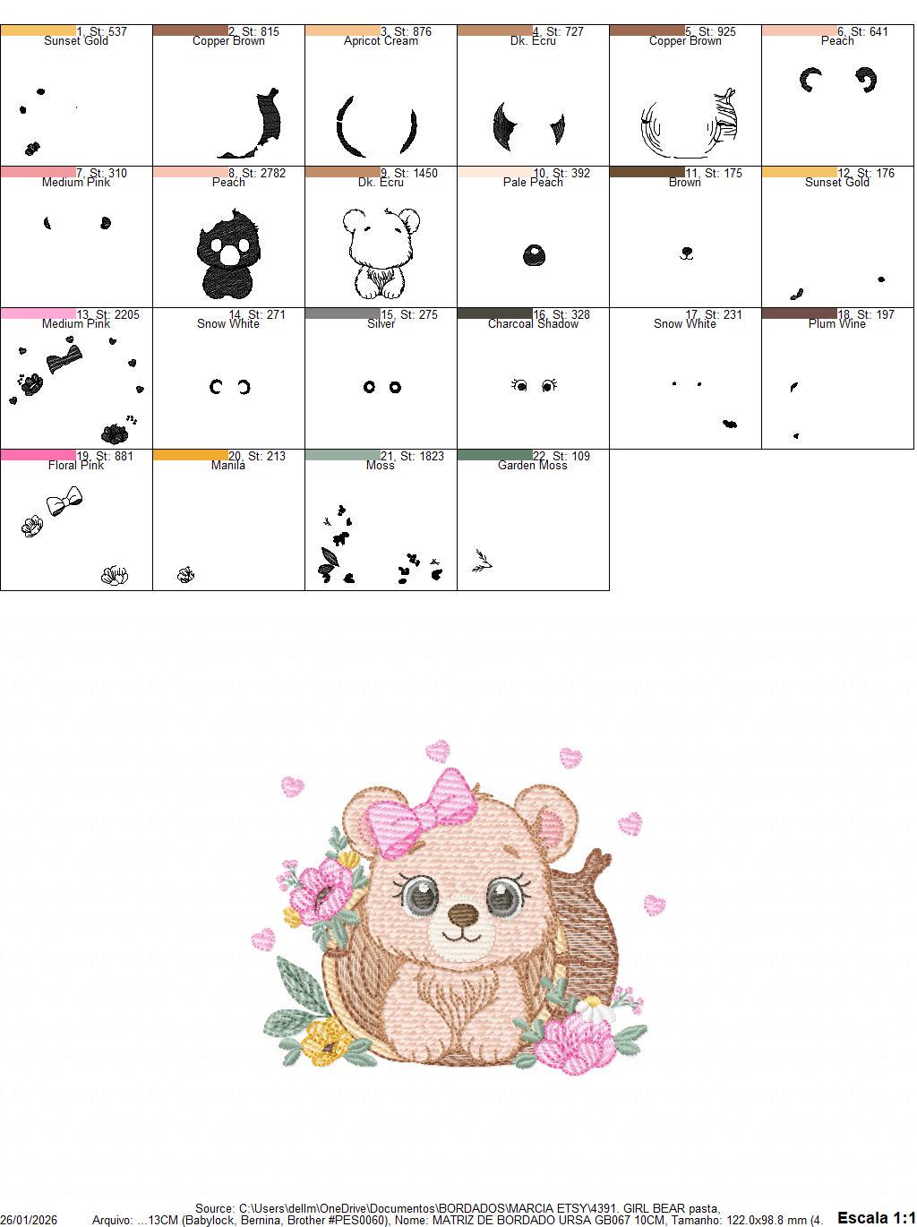 Bear embroidery designs - Baby Girl Bear machine embroidery pattern - Cute Bear with tree trunk file - Instant digital download pes jef dst