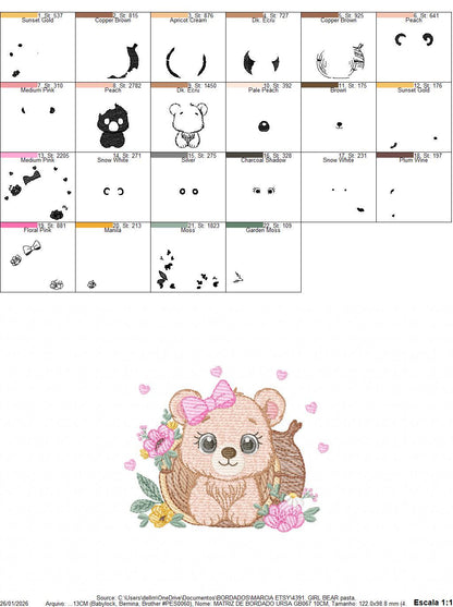 Bear embroidery designs - Baby Girl Bear machine embroidery pattern - Cute Bear with tree trunk file - Instant digital download pes jef dst
