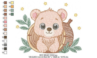 Bear embroidery designs - Baby Boy Bear machine embroidery pattern - Cute Bear with tree trunk file - Instant digital download pes jef dst