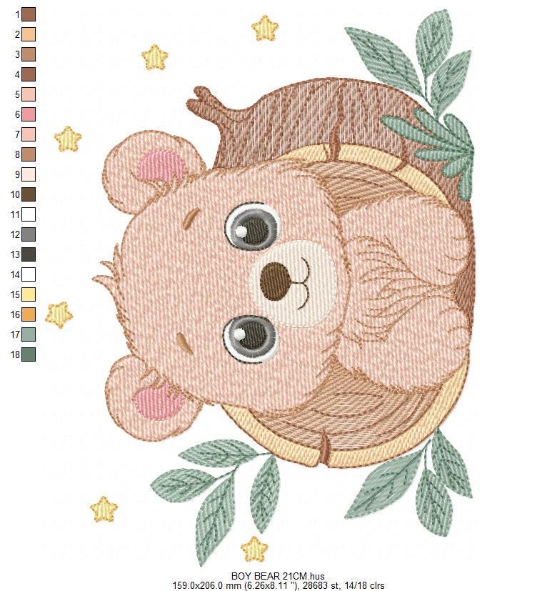 Bear embroidery designs - Baby Boy Bear machine embroidery pattern - Cute Bear with tree trunk file - Instant digital download pes jef dst
