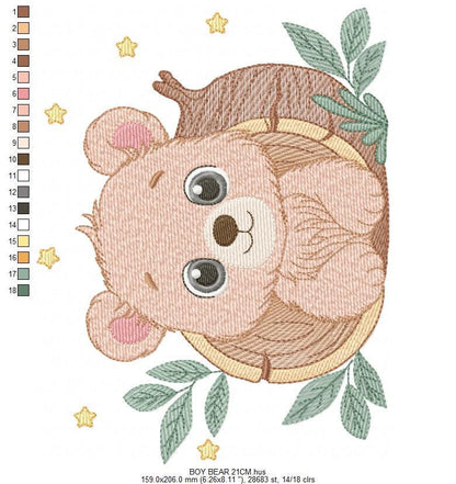 Bear embroidery designs - Baby Boy Bear machine embroidery pattern - Cute Bear with tree trunk file - Instant digital download pes jef dst
