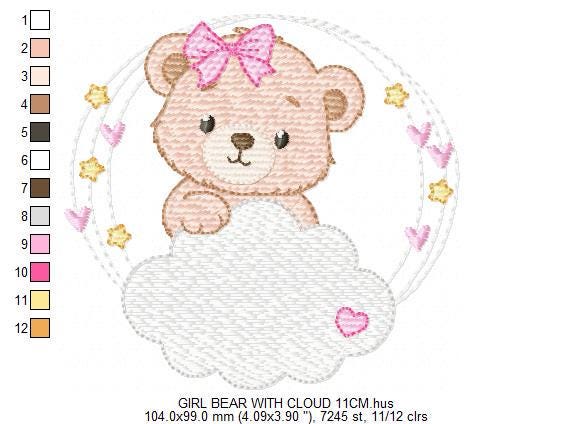 Female Bear embroidery designs - Baby girl Teddy with stars and cloud machine embroidery pattern - Instant digital download pes jef dst hus