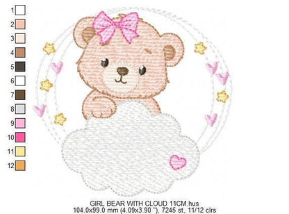 Female Bear embroidery designs - Baby girl Teddy with stars and cloud machine embroidery pattern - Instant digital download pes jef dst hus