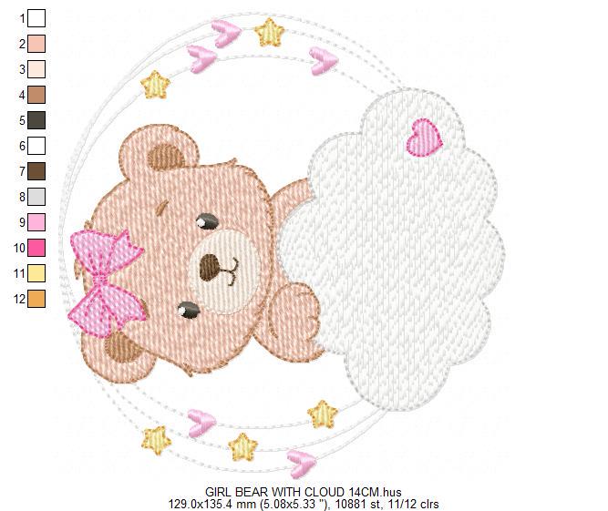 Female Bear embroidery designs - Baby girl Teddy with stars and cloud machine embroidery pattern - Instant digital download pes jef dst hus