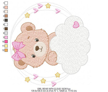 Female Bear embroidery designs - Baby girl Teddy with stars and cloud machine embroidery pattern - Instant digital download pes jef dst hus