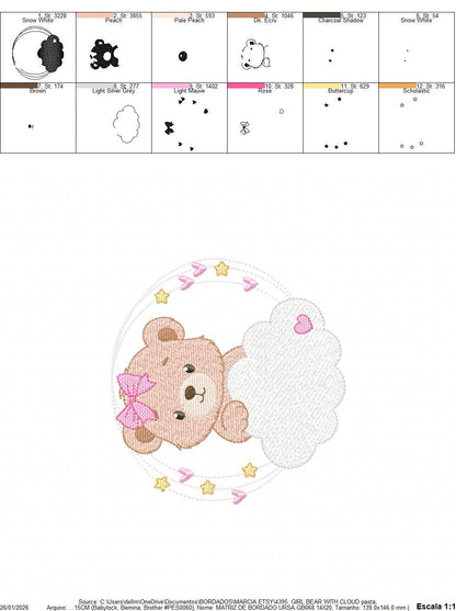 Female Bear embroidery designs - Baby girl Teddy with stars and cloud machine embroidery pattern - Instant digital download pes jef dst hus