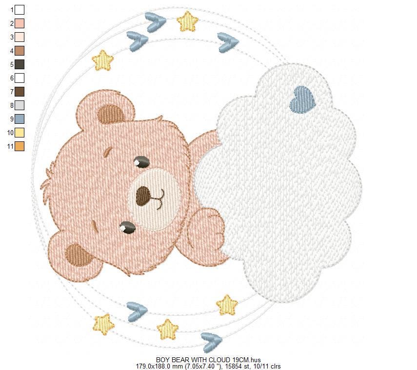 Male Bear with cloud and stars embroidery designs - Baby Boy Teddy Bear machine embroidery pattern - Instant digital download pes jef dst