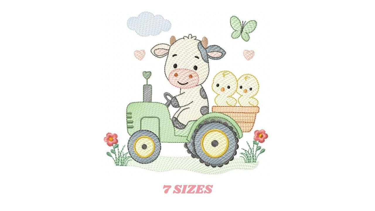 Cow with chickens driving tractor embroidery design - Farm Animal machine embroidery pattern - Baby girl and boy file - Instant download pes