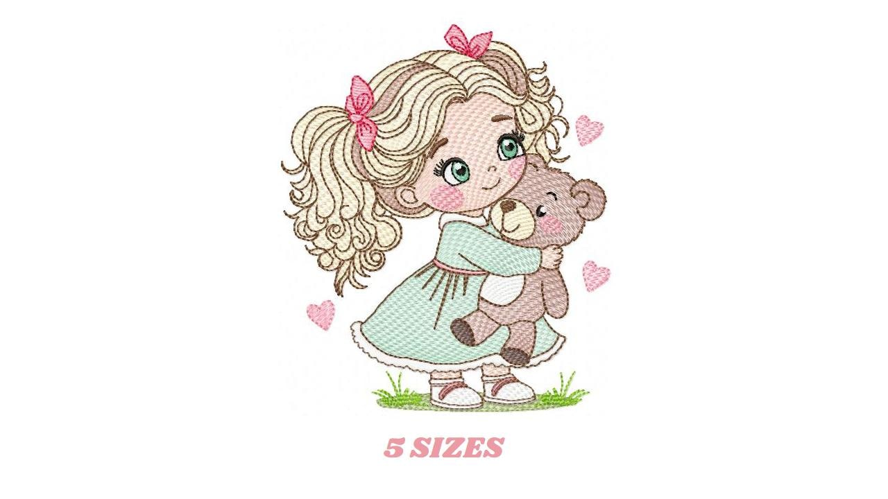 Princess embroidery designs - Girl with blonde wavy hair and teddy bear machine embroidery pattern - Girl with pink lace - Instant download