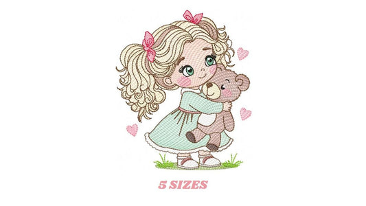 Princess embroidery designs - Girl with blonde wavy hair and teddy bear machine embroidery pattern - Girl with pink lace - Instant download