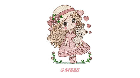 Baby girl with teddy bear embroidery designs - Princess with roses, long hair and hat machine embroidery pattern - Instant digital download