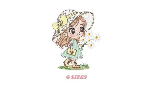 Baby girl with teddy bear embroidery designs - Princess with daisies, long hair, hat machine embroidery pattern - Instant digital download