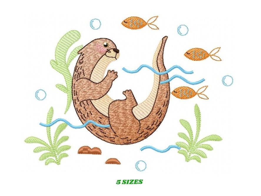 May include: An embroidered design of a brown otter swimming in blue water with orange fish and green seaweed. The design includes the text "5 SIZES".