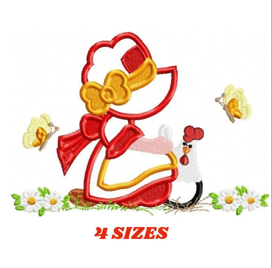 May include: Embroidered design of a red and yellow chicken with a red scarf and a yellow bow, holding a white chick. The design includes two yellow butterflies and white daisies.