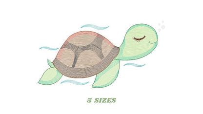 May include: A green and brown cartoon turtle with closed eyes swims through blue water. The turtle has a pink shell and is surrounded by bubbles.