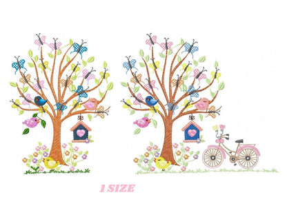 May include: Two embroidered designs featuring trees with pink, blue, and yellow butterflies, birds, and birdhouses. The design on the right also includes a bicycle with pink flowers.