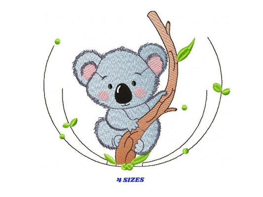 May include: Embroidered design of a gray koala bear sitting on a brown branch with green leaves. The koala is smiling and has pink cheeks. The design is surrounded by a circle of green leaves and brown branches.