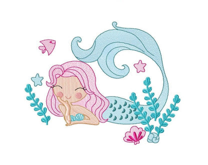 May include: A pink and blue mermaid with a long, flowing tail, surrounded by seaweed and starfish. The mermaid is smiling and has her hand on her chin.