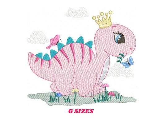 May include: Pink embroidered dinosaur wearing a gold crown and holding a green leaf. The dinosaur is surrounded by flowers and butterflies. The text "6 SIZES" is below the dinosaur.