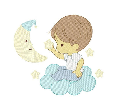 May include: A cute cartoon illustration of a boy sitting on a cloud, holding a star. He is wearing a white shirt, blue pants, and a brown hat. A crescent moon with a sleeping cap is in the background.