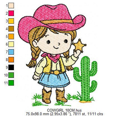 Cowgirl embroidery design - Baby girl with cowboy hat machine embroidery pattern - Girl with sheriff star file - Instant download pes jef