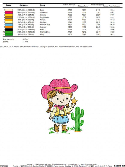 Cowgirl embroidery design - Baby girl with cowboy hat machine embroidery pattern - Girl with sheriff star file - Instant download pes jef