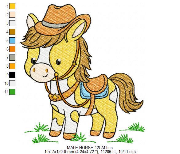 Horse embroidery design - Baby Boy Farm Pony with cowboy hat machine embroidery pattern - Horse with Cowboy hat - Instant download pes jef