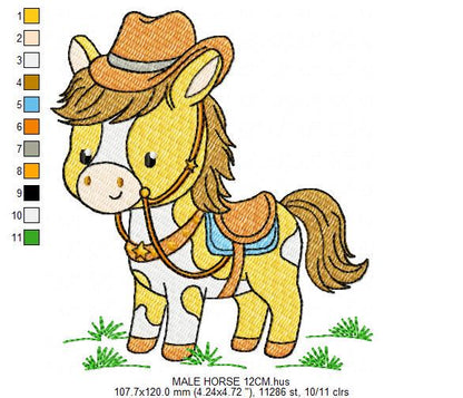Horse embroidery design - Baby Boy Farm Pony with cowboy hat machine embroidery pattern - Horse with Cowboy hat - Instant download pes jef