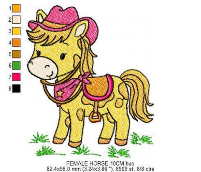 Horse embroidery design - Farm Pony with cowboy hat machine embroidery pattern - Baby Girl Cowgirl horse - Instant digital download pes jef