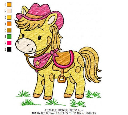 Horse embroidery design - Farm Pony with cowboy hat machine embroidery pattern - Baby Girl Cowgirl horse - Instant digital download pes jef