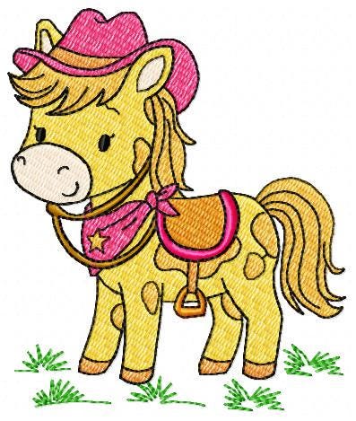 Horse embroidery design - Farm Pony with cowboy hat machine embroidery pattern - Baby Girl Cowgirl horse - Instant digital download pes jef